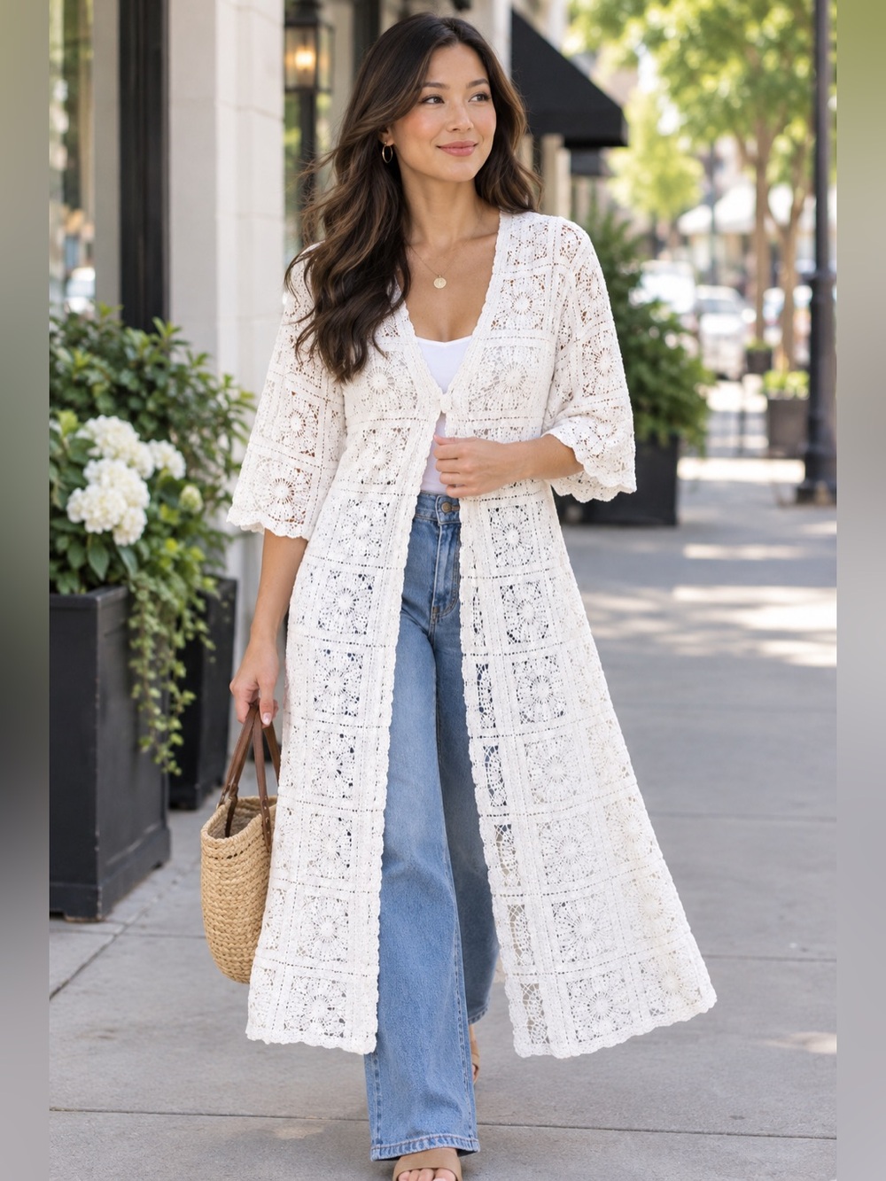 A Soft Surroundings White Crochet Long Open-Front Cardigan/Duster in S/M